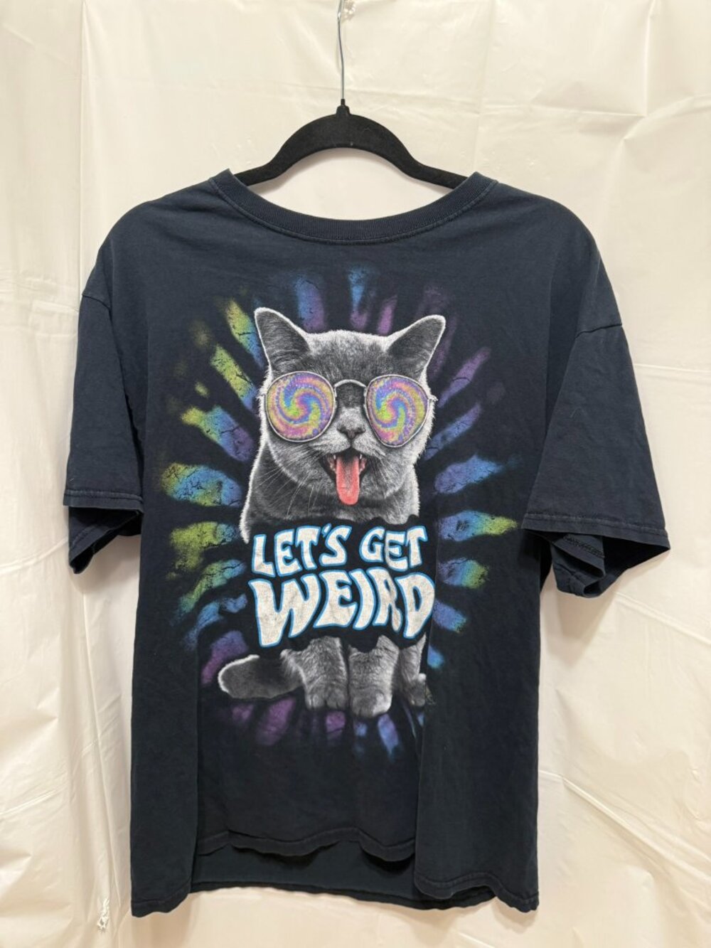 DOM Lets Get Weird Psychedelic Cat Tie Dye Graphic Black T-Shirt Large